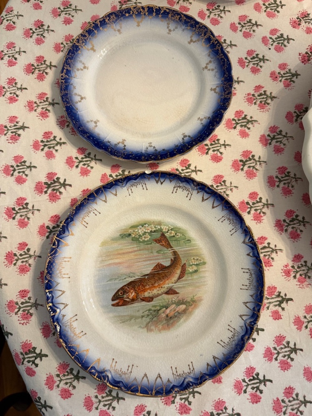 Antique Sterling China Fish Plates in Cobalt Blue & Gold "Flow" blue borders (2)